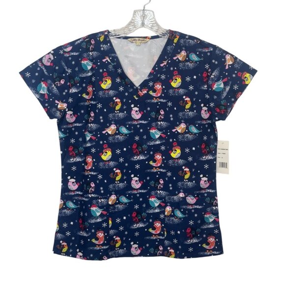 Gabby Brooke Christmas Scrub Top Womens Small Blue New Bird Print - Picture 1 of 10